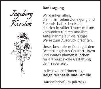 Traueranzeige von Ingeborg Kersten von Trauerkombi Quedlinburg