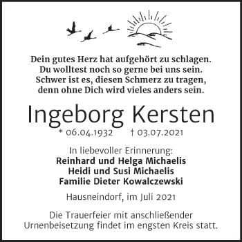 Traueranzeige von Ingeborg Kersten von Trauerkombi Quedlinburg