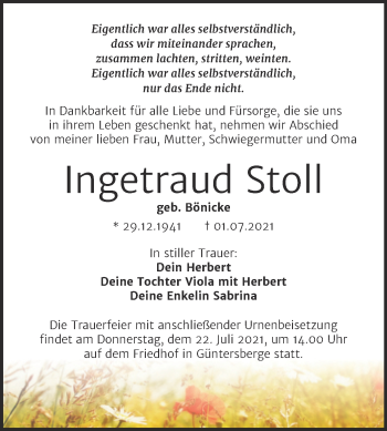 Traueranzeige von Ingetraud Stoll von Trauerkombi Quedlinburg