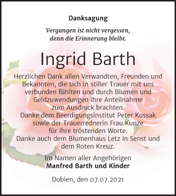 Traueranzeige von Ingrid Barth von Trauerkombi Wittenberg