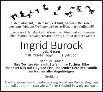 Traueranzeige von Ingrid Burock von Trauerkombi Merseburg