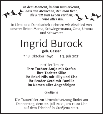 Traueranzeige von Ingrid Burock von Naumburger Tageblatt