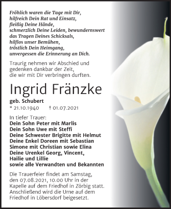 Traueranzeige von Ingrid Fränzke von Trauerkombi Bitterfeld