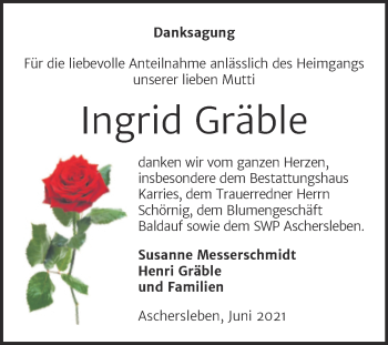 Traueranzeige von Ingrid Gräble von Trauerkombi Aschersleben