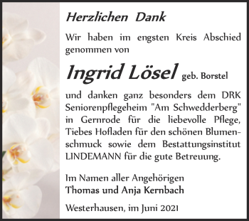 Traueranzeige von Ingrid Lösel von Trauerkombi Quedlinburg