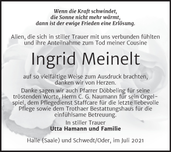 Traueranzeige von Ingrid Meinelt von Mitteldeutsche Zeitung Halle/Saalkreis