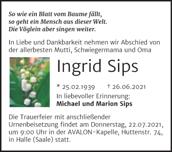 Traueranzeige von Ingrid Sips von Mitteldeutsche Zeitung Halle/Saalkreis