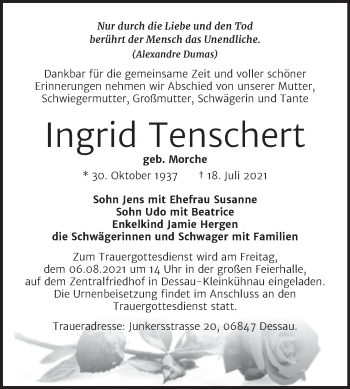Traueranzeige von Ingrid Tenschert von Trauerkombi Dessau