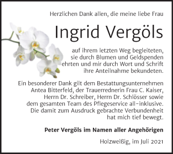 Traueranzeige von Ingrid Vergöls von Trauerkombi Bitterfeld