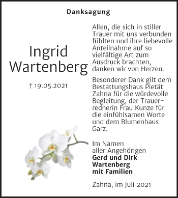 Traueranzeige von Ingrid Wartenberg von Trauerkombi Wittenberg
