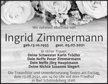 Traueranzeige von Ingrid Zimmermann von Trauerkombi Wittenberg