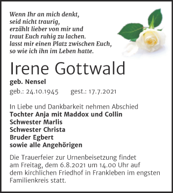 Traueranzeige von Irene Gottwald von Trauerkombi Merseburg