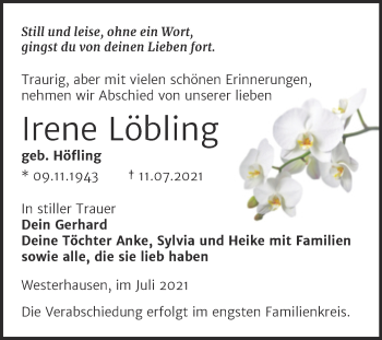 Traueranzeige von Irene Löbling von Trauerkombi Quedlinburg