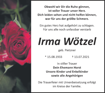 Traueranzeige von Irma Wötzel von Trauerkombi Bitterfeld