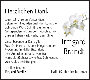 Traueranzeige von Irmgard Brandt von Mitteldeutsche Zeitung Halle/Saalkreis