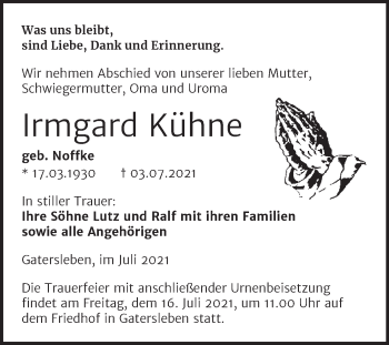 Traueranzeige von Irmgard Kühne von Trauerkombi Aschersleben