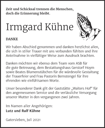 Traueranzeige von Irmgard Kühne von Trauerkombi Aschersleben