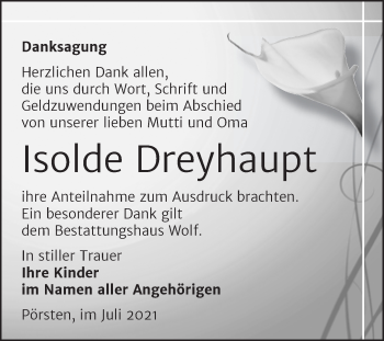 Traueranzeige von Isolde Dreyhaupt von Trauerkombi Weißenfels