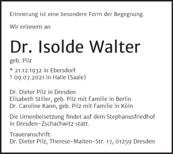 Traueranzeige von Isolde Walter von Mitteldeutsche Zeitung Halle/Saalkreis