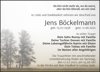 Traueranzeige von Jens Böckelmann von Super Sonntag Merseburg/Querfurt