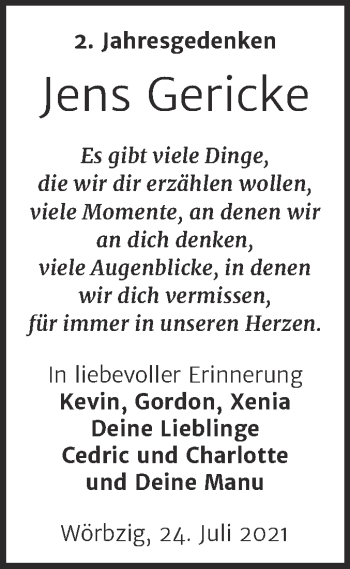 Traueranzeige von Jens Gericke von Trauerkombi Köthen