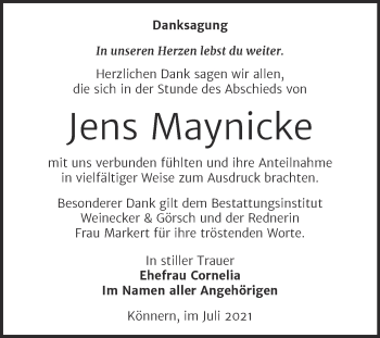 Traueranzeige von Jens Maynicke von Trauerkombi Bernburg