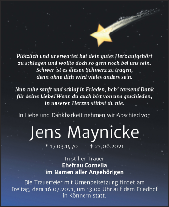 Traueranzeige von Jens Maynicke von Trauerkombi Bernburg