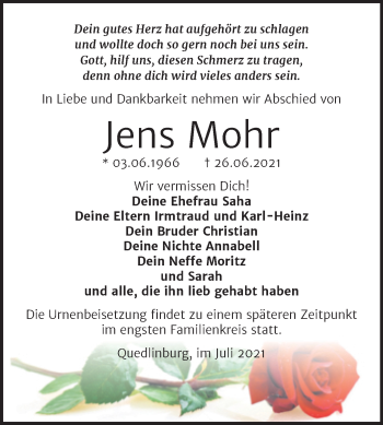 Traueranzeige von Jens Mohr von Trauerkombi Quedlinburg