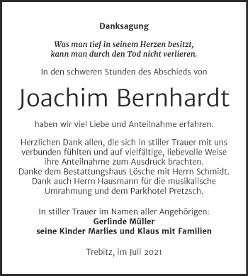 Traueranzeige von Joachim Bernhardt von Trauerkombi Wittenberg