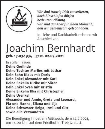 Traueranzeige von Joachim Bernhardt von Trauerkombi Wittenberg