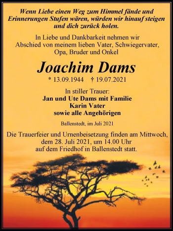 Traueranzeige von Joachim Dams von Trauerkombi Quedlinburg