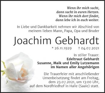 Traueranzeige von Joachim Gebhardt von Mitteldeutsche Zeitung Halle/Saalkreis