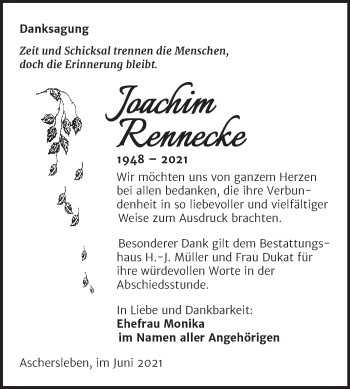 Traueranzeige von Joachim Rennecke von Trauerkombi Aschersleben
