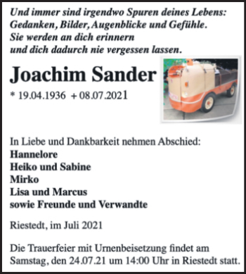 Traueranzeige von Joachim Sander von Trauerkombi Sangerhausen