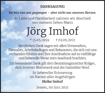 Traueranzeige von Jörg Imhof von Trauerkombi Wittenberg