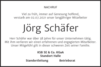 Traueranzeige von Jörg Schäfer von Mitteldeutsche Zeitung Halle/Saalkreis