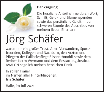 Traueranzeige von Jörg Schäfer von Mitteldeutsche Zeitung Halle/Saalkreis