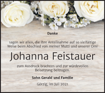 Traueranzeige von Johanna Feistauer von Trauerkombi Köthen