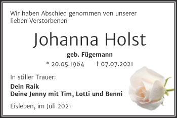 Traueranzeige von Johanna Holst von Trauerkombi Mansfelder Land