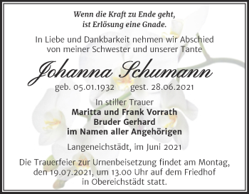 Traueranzeige von Johanna Schumann von Trauerkombi Merseburg