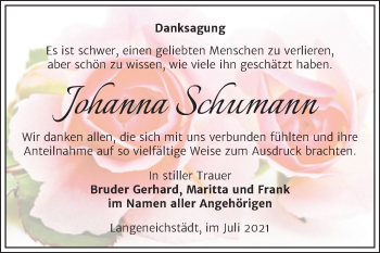 Traueranzeige von Johanna Schumann von Trauerkombi Merseburg