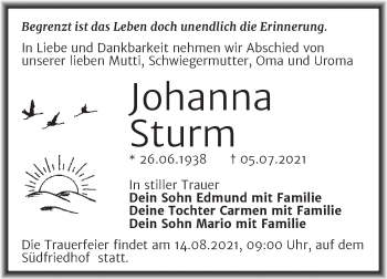 Traueranzeige von Johanna Sturm von Mitteldeutsche Zeitung Halle/Saalkreis