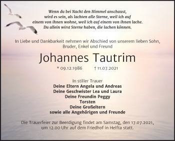 Traueranzeige von Johannes Tautrim von Mitteldeutsche Zeitung Mansfelder Land