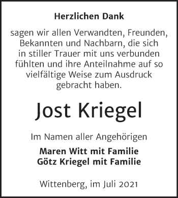 Traueranzeige von Jost Kriegel von Trauerkombi Wittenberg