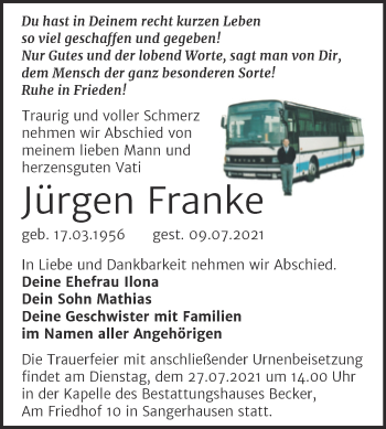 Traueranzeige von Jürgen Franke von Trauerkombi Sangerhausen