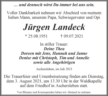 Traueranzeige von Jürgen Landeck von Trauerkombi Aschersleben