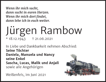 Traueranzeige von Jürgen Rambow von Trauerkombi Weißenfels