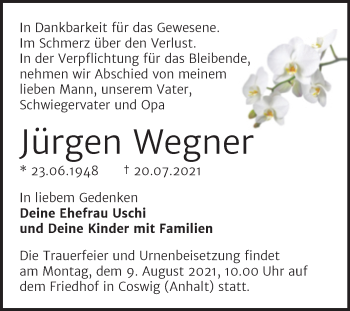Traueranzeige von Jürgen Wegner von Trauerkombi Wittenberg