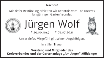 Traueranzeige von Jürgen Wolf von Super Sonntag Wittenberg