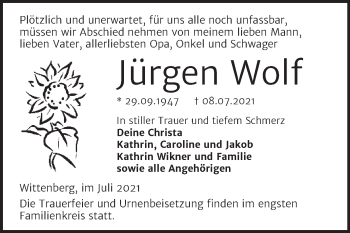 Traueranzeige von Jürgen Wolf von Trauerkombi Wittenberg
